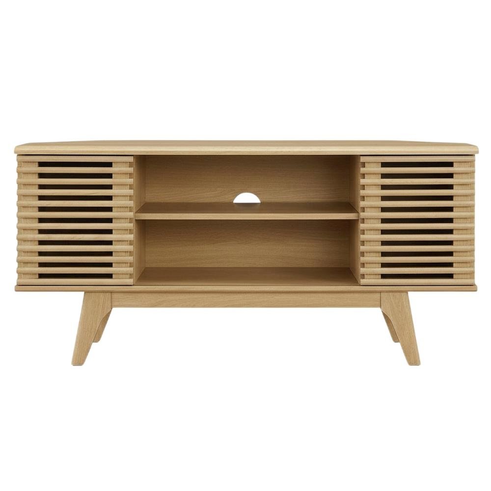 Brown wood corner TV stand with sleek design and sturdy construction. Picture 4