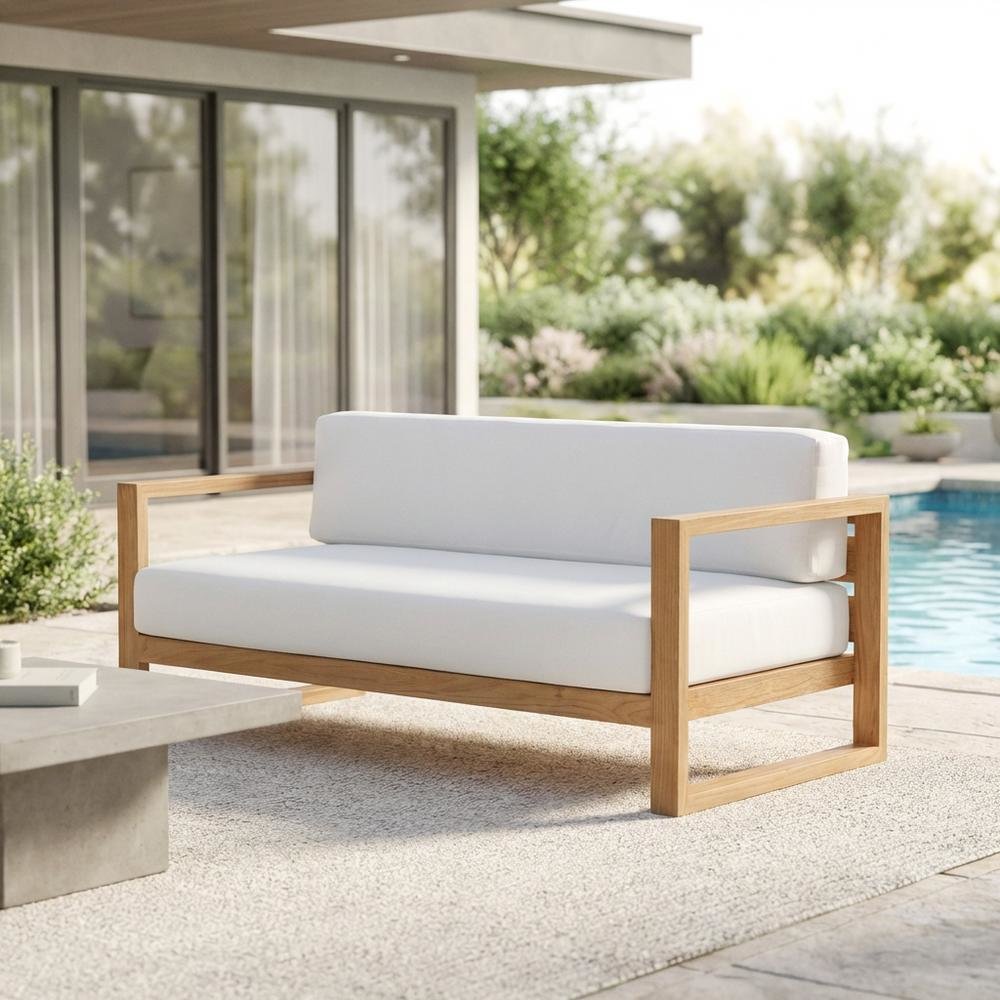 Outdoor Teak Patio Sofa With Cushioned Seating And Armrest Support. Picture 3
