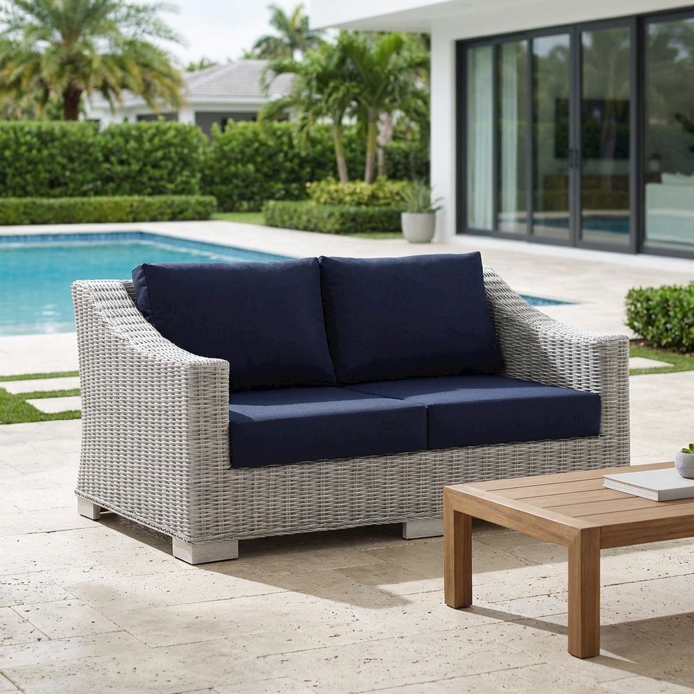 Outdoor Wicker Rattan Loveseat With Armrests And Comfortable Cushions. Picture 3