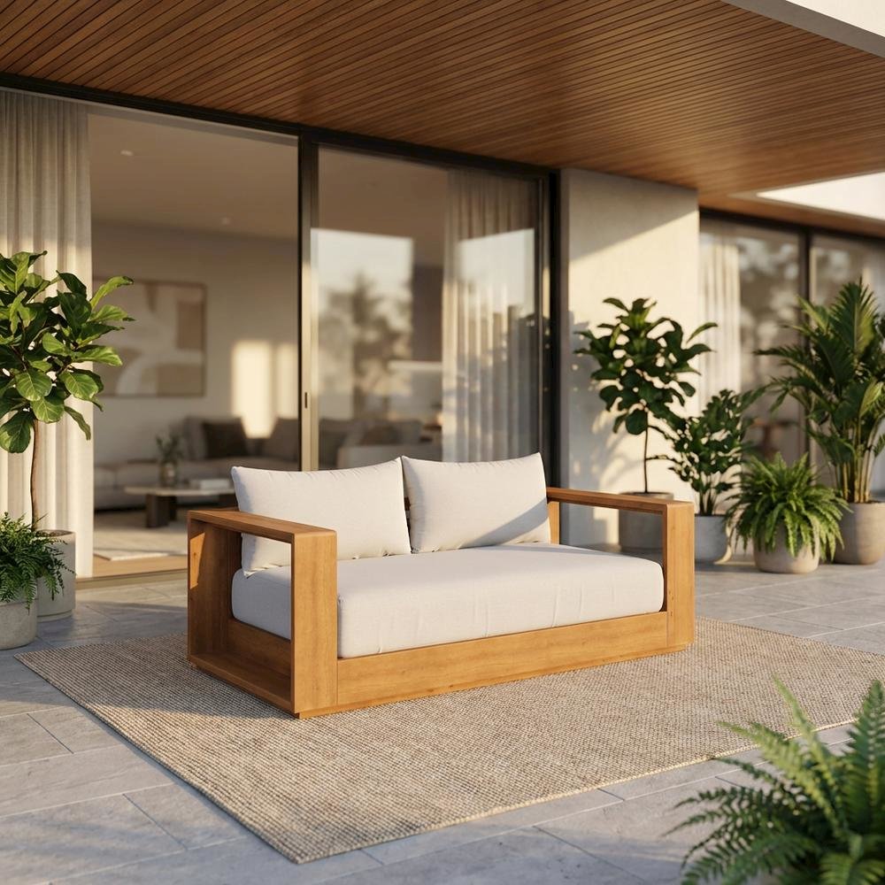 Acacia Wood Outdoor Loveseat With Armrests And Sturdy Frame. Picture 2