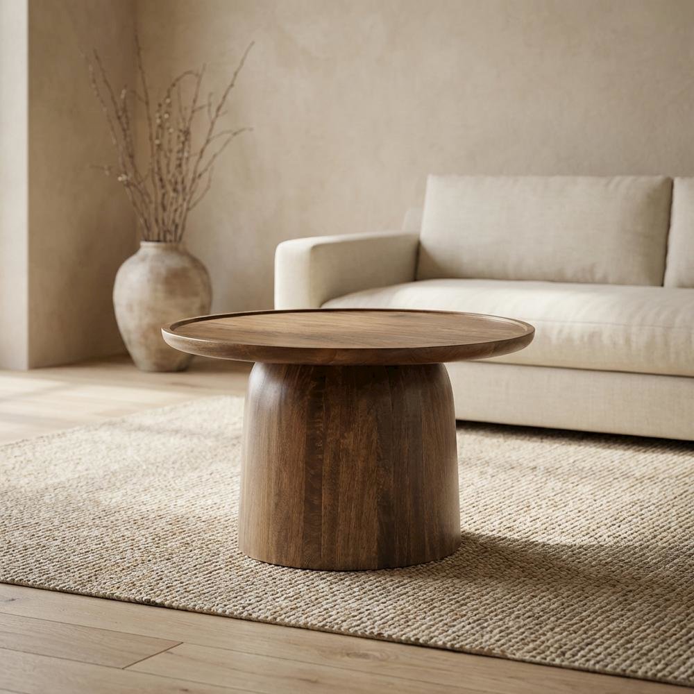 Round Wood Coffee Table with Sleek Design and Solid Oak Finish. Picture 3