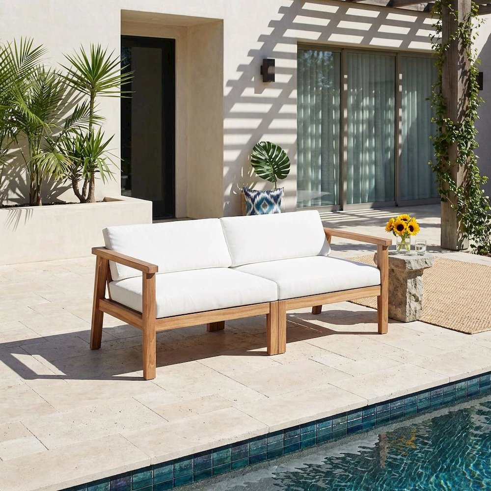 Outdoor Patio Teak Wood 2-Seater Loveseat With Armrest And Backrest. Picture 2