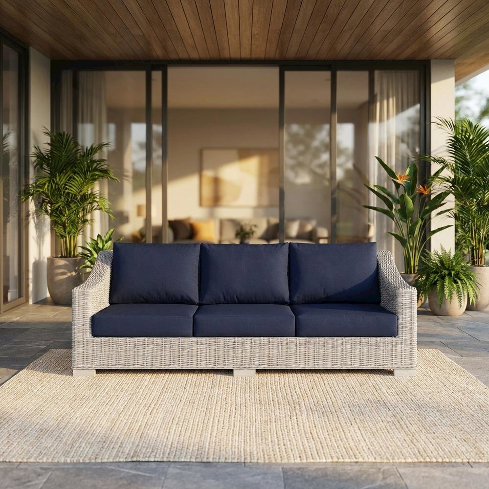 Outdoor Patio Wicker Rattan Sofa with Cushioned Seating and Armrests. Picture 2