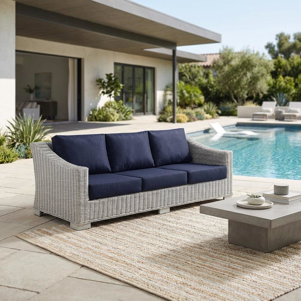 Outdoor Patio Wicker Rattan Sofa with Cushioned Seating and Armrests. Picture 3