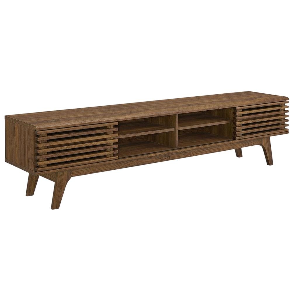 Brown wood entertainment center with spacious TV stand and sleek design. Picture 1