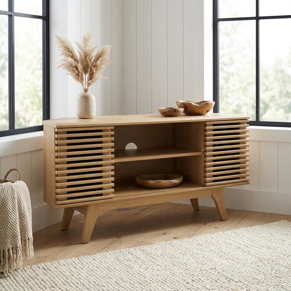 Brown wood corner TV stand with sleek design and sturdy construction. Picture 3