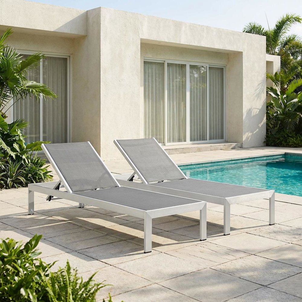 Outdoor Patio Aluminum Chaise Lounge Set Of 2 With Cushioned Seat Comfort. Picture 2