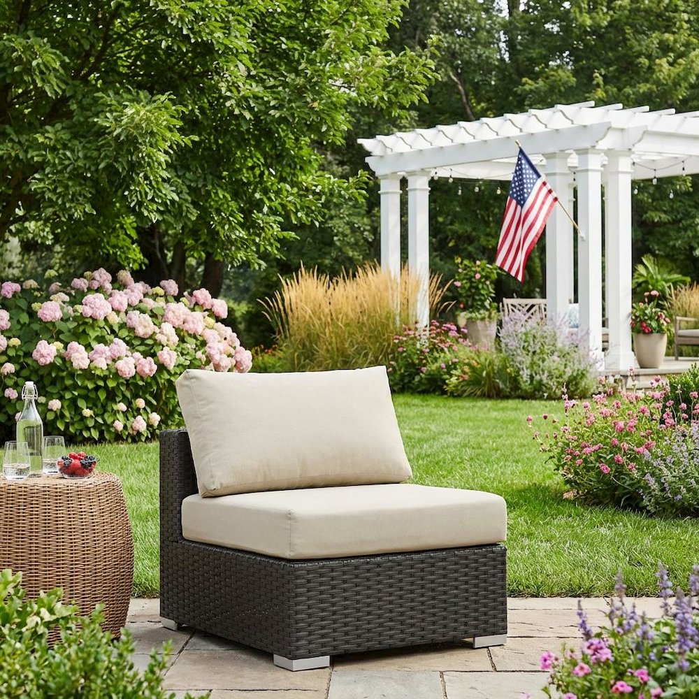Armless Outdoor Lounge Chair With Cushioned Seat And Backrest. Picture 3