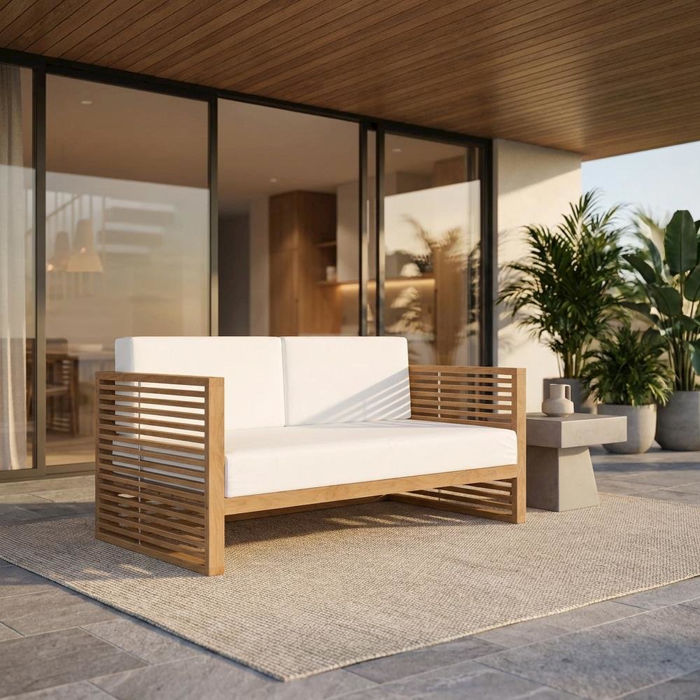 Teak Wood Outdoor Loveseat with Cushioned Seating and Sturdy Armrests. Picture 2