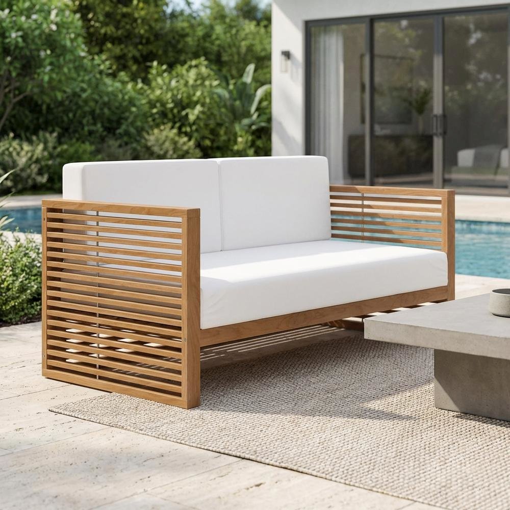 Teak Wood Outdoor Loveseat with Cushioned Seating and Sturdy Armrests. Picture 3