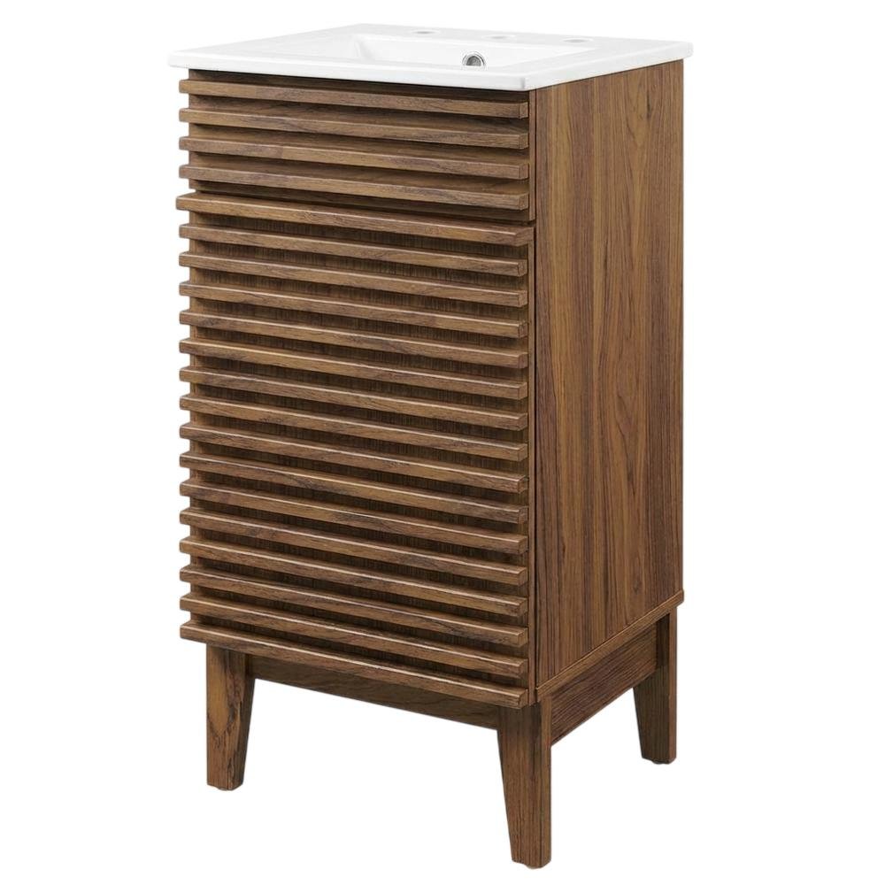 Walnut White 18-Inch Floor-Mount Bathroom Vanity Cabinet with Sink. Picture 1
