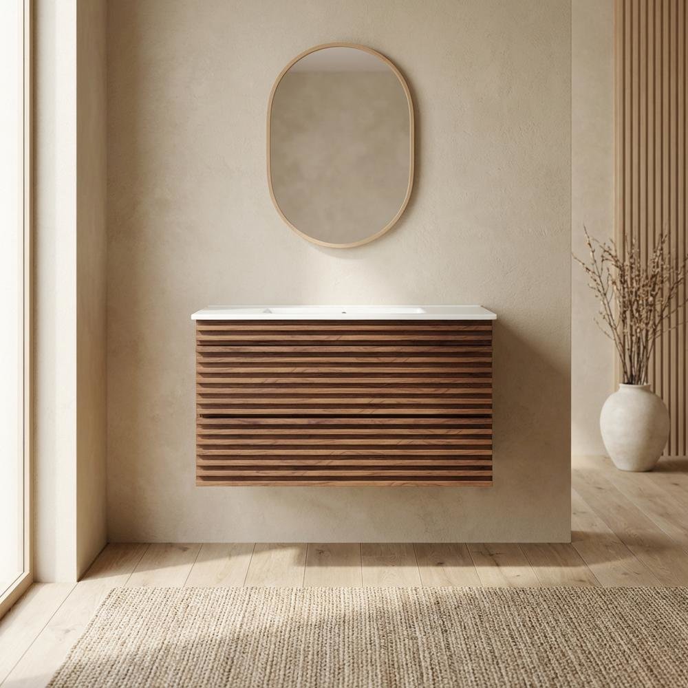Walnut White 36-Inch Wall-Mount Bathroom Vanity with Ceramic Sink. Picture 2