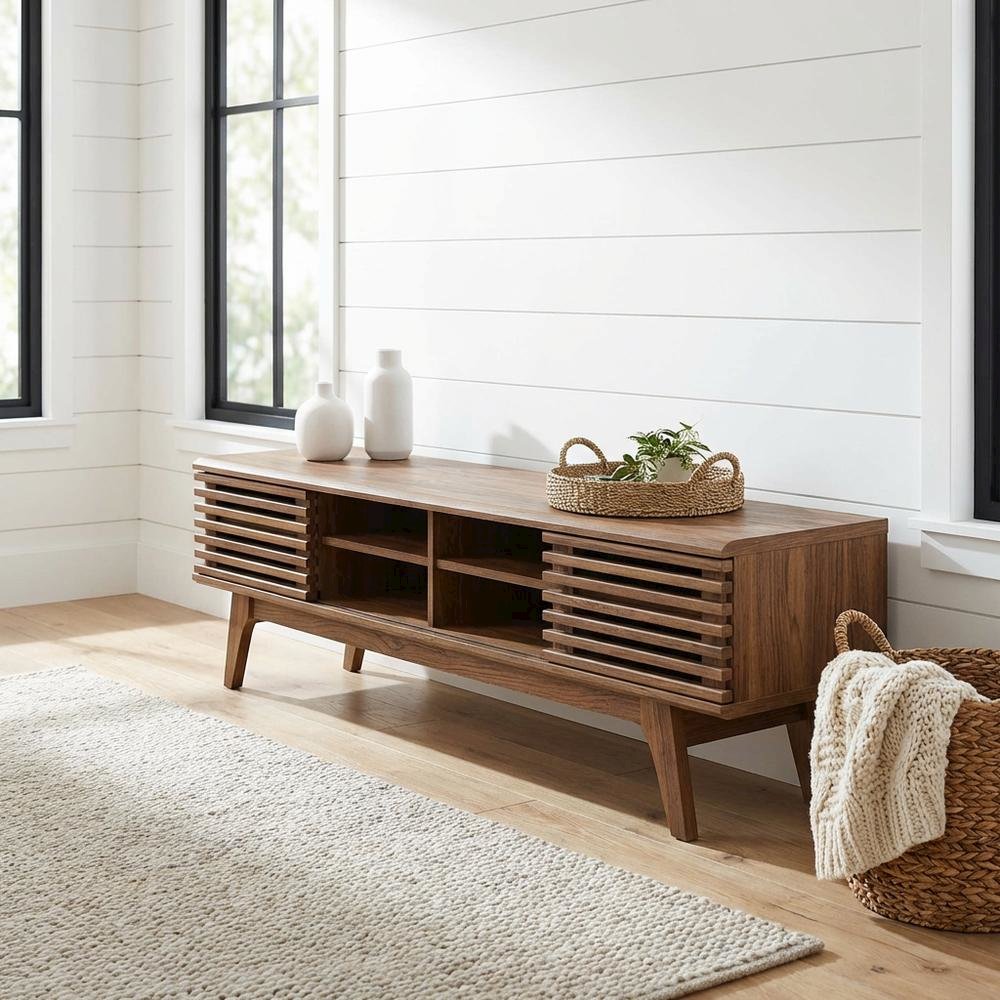 Brown wood entertainment center with spacious TV stand and sleek design. Picture 2