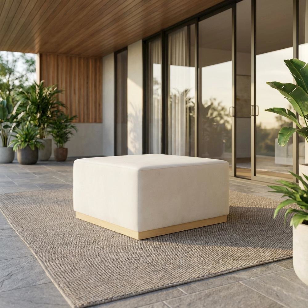 Square Performance Velvet Ottoman in Neutral Fabric for Outdoor Lounge. Picture 2