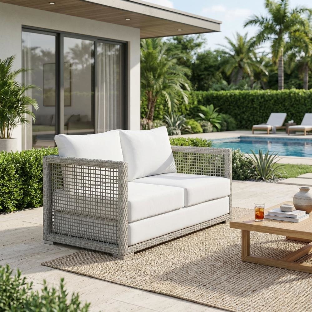 Outdoor Wicker Rattan Loveseat With Cushions And Armrests. Picture 3