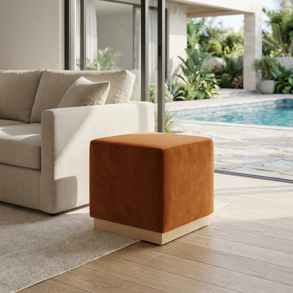 Square Performance Velvet Ottoman In Neutral Tone With Plush Upholstery. Picture 3
