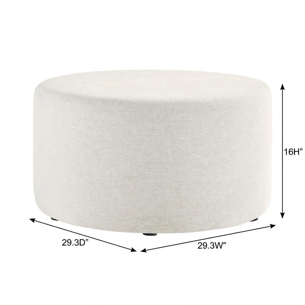Round Heathered Fabric Upholstered Ottoman for Outdoor Spaces. Picture 7