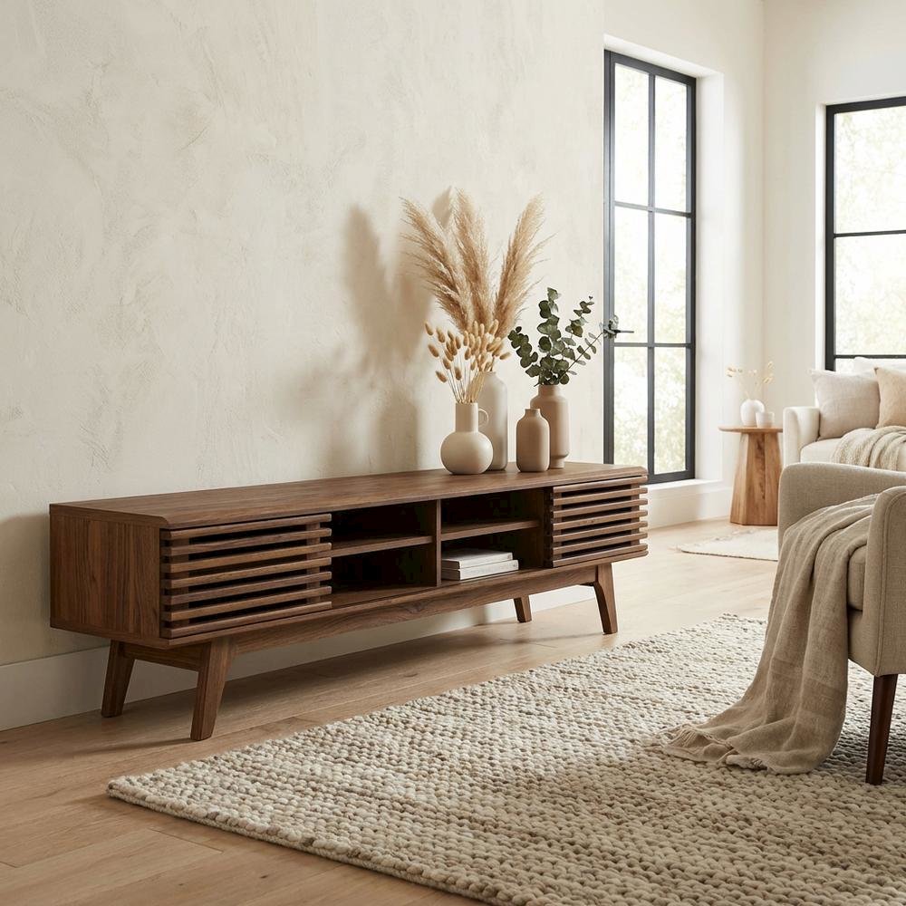Brown wood entertainment center with spacious TV stand and sleek design. Picture 3