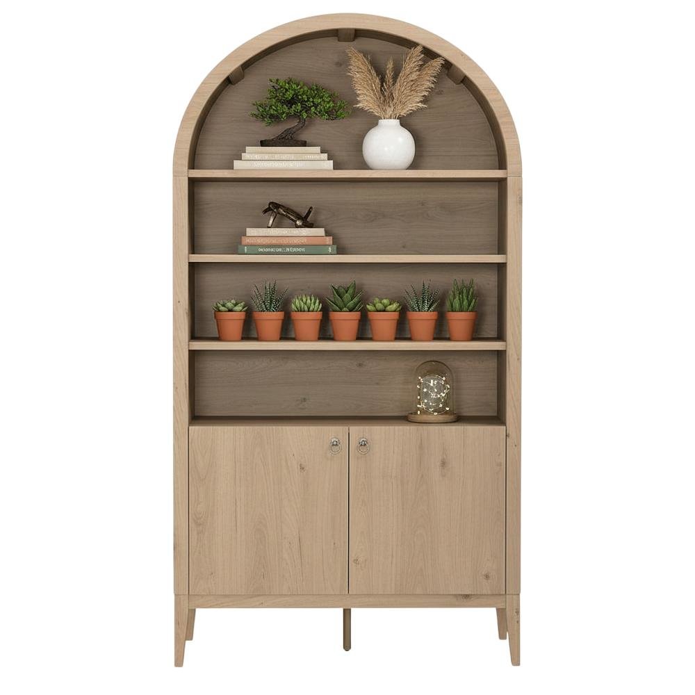 Brown display cabinet, arched design, engineered wood construction, versatile. Picture 4