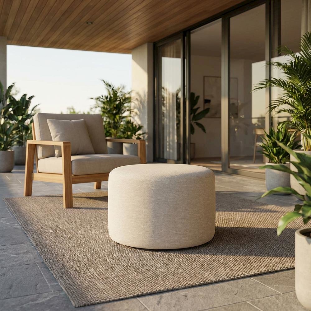 Woven Heathered Fabric Outdoor Ottoman with Cushioned Top in Neutral Tone. Picture 2