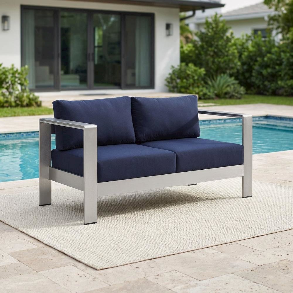 Aluminum Outdoor Loveseat with Fabric Cushions for Patio Comfort. Picture 3
