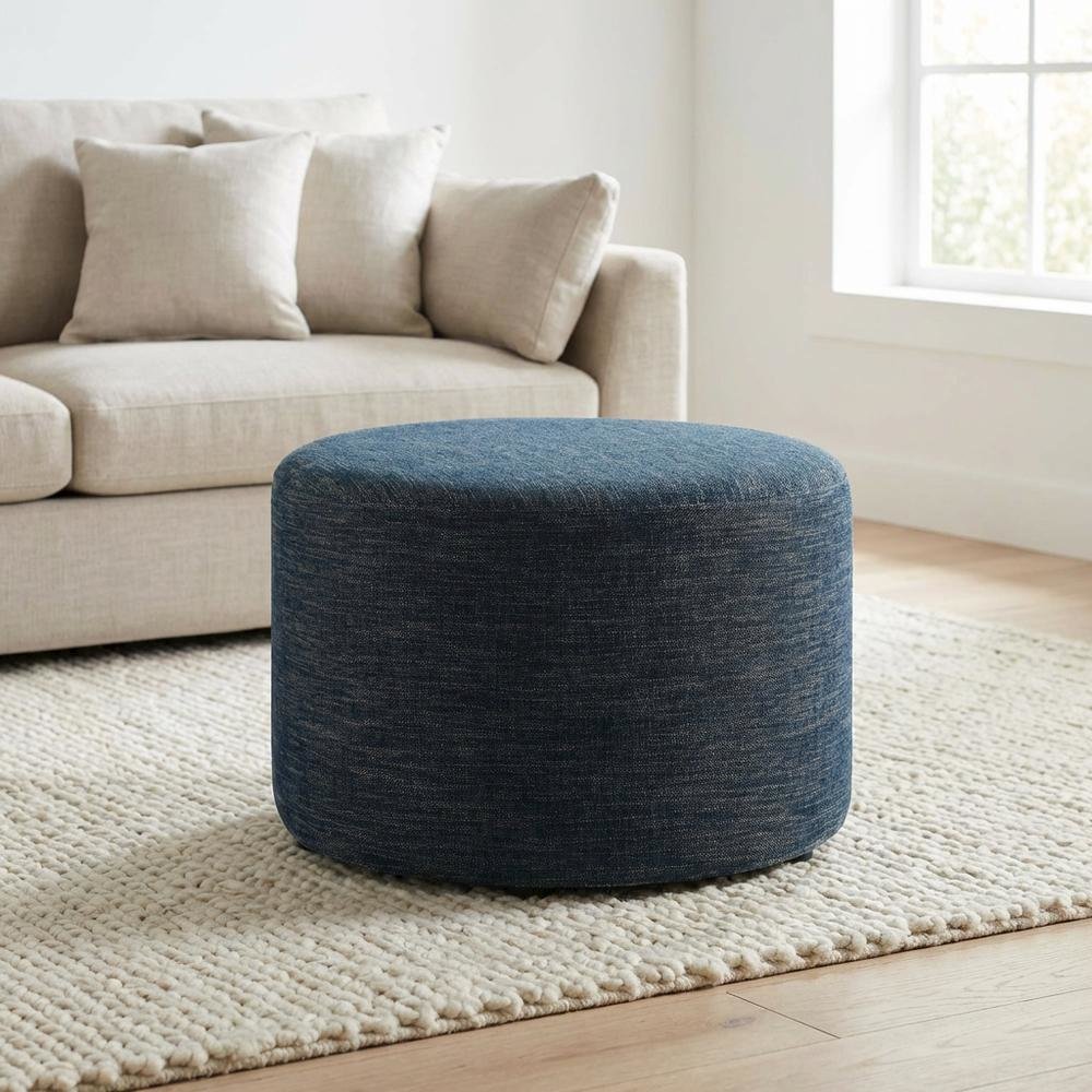 Round Woven Heathered Fabric Ottoman with Cushioned Top for Outdoor Lounge. Picture 3