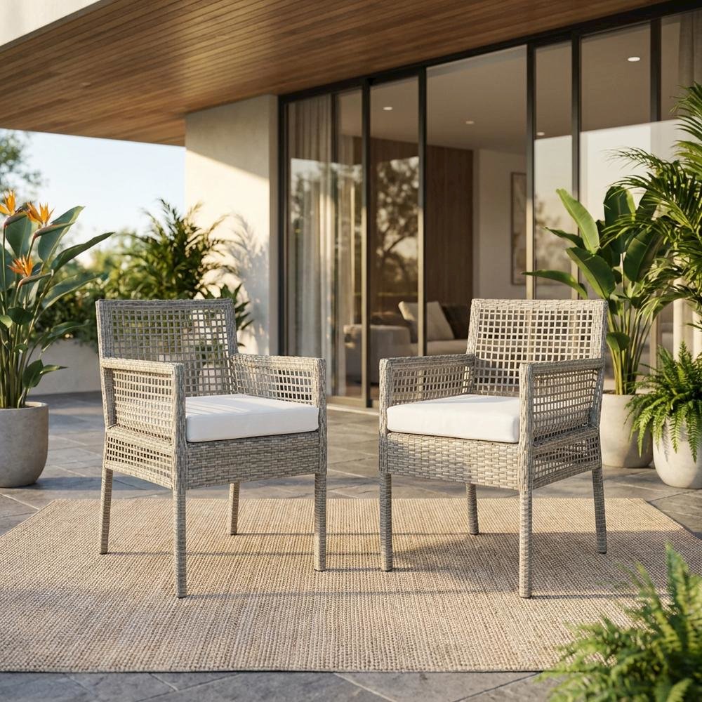 Outdoor Patio Wicker Rattan Dining Armchair Set Of 2, Cushioned Seat, Armrests. Picture 2