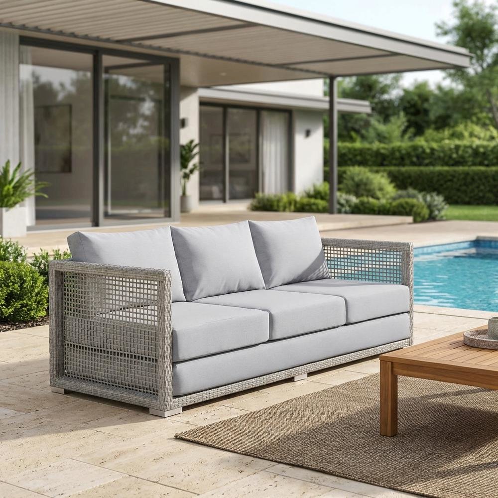 Outdoor Patio Wicker Rattan Sofa With Armrest And Seat Cushions. Picture 3
