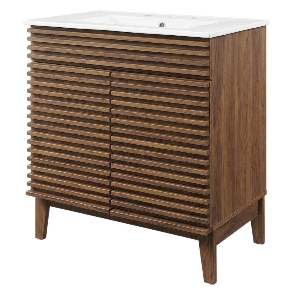 Walnut White 30-Inch Floor-Mount Bathroom Vanity Cabinet with Sink. Picture 1