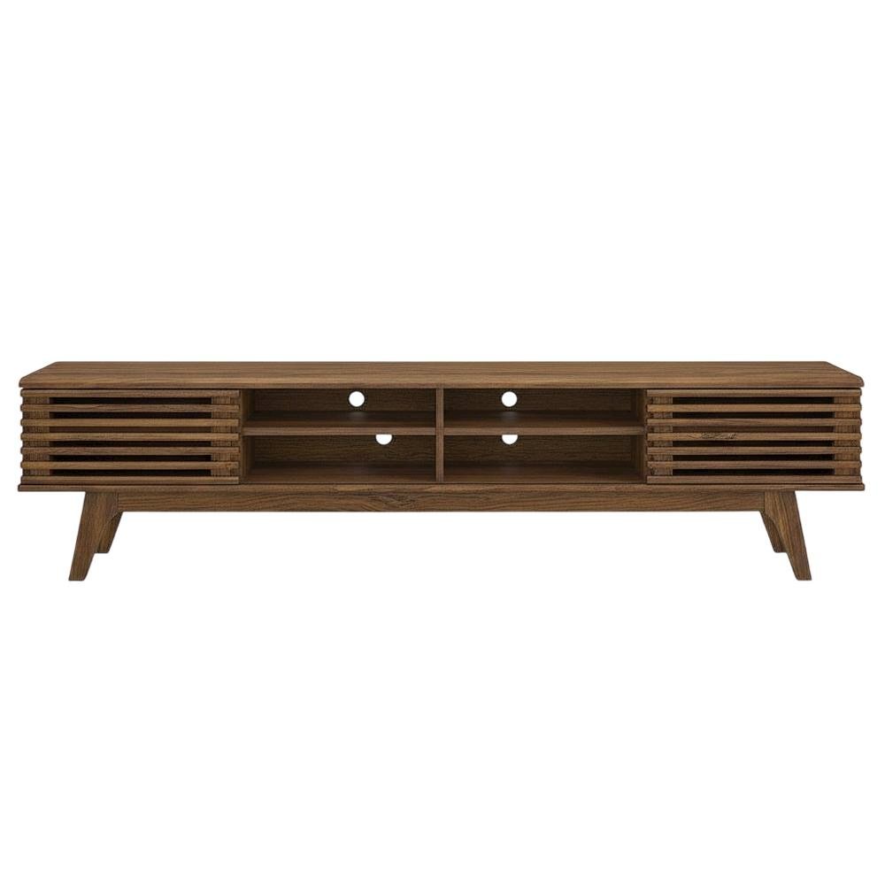 Brown wood entertainment center with spacious TV stand and sleek design. Picture 4