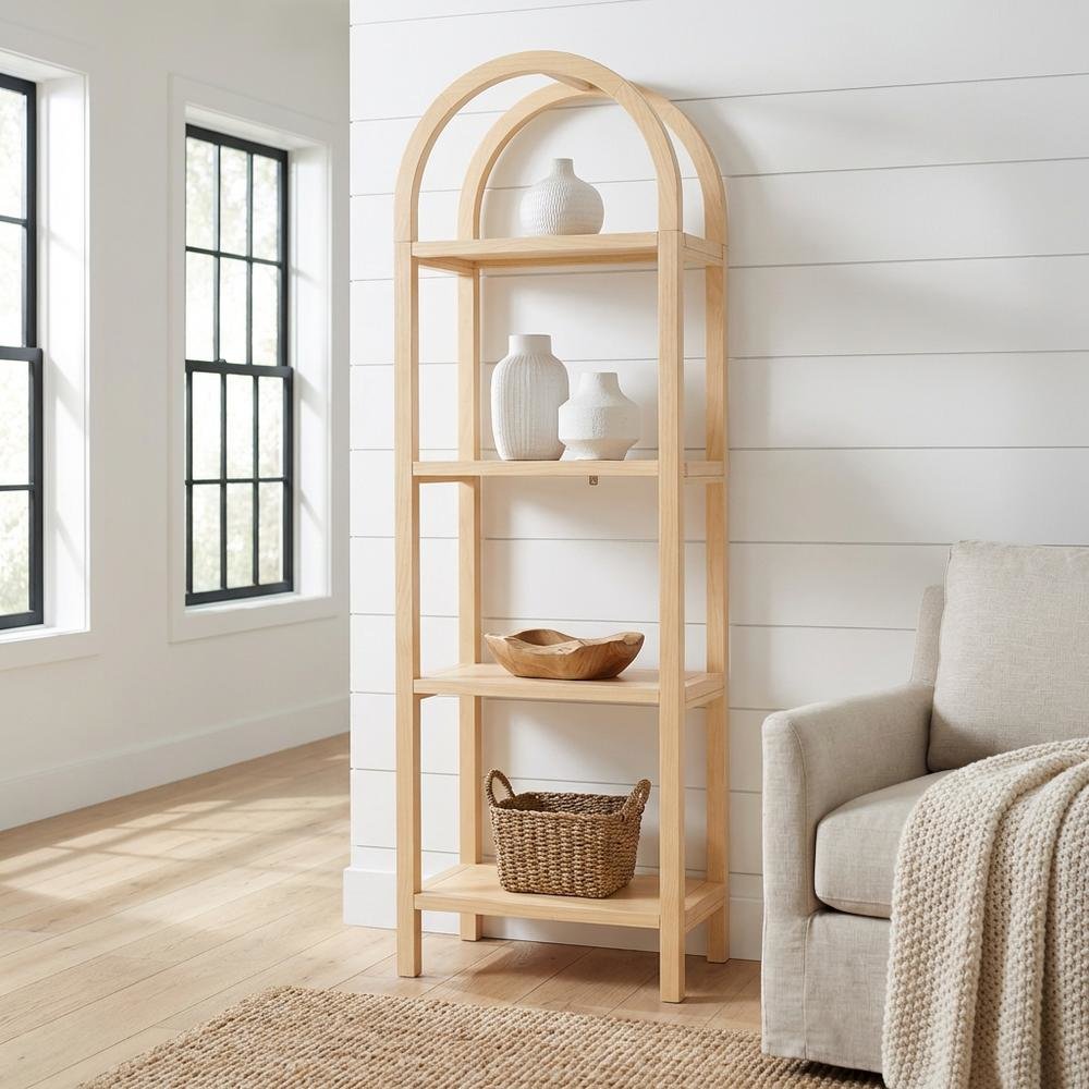 Brown engineered wood arched bookshelf with storage shelves and narrow design. Picture 2
