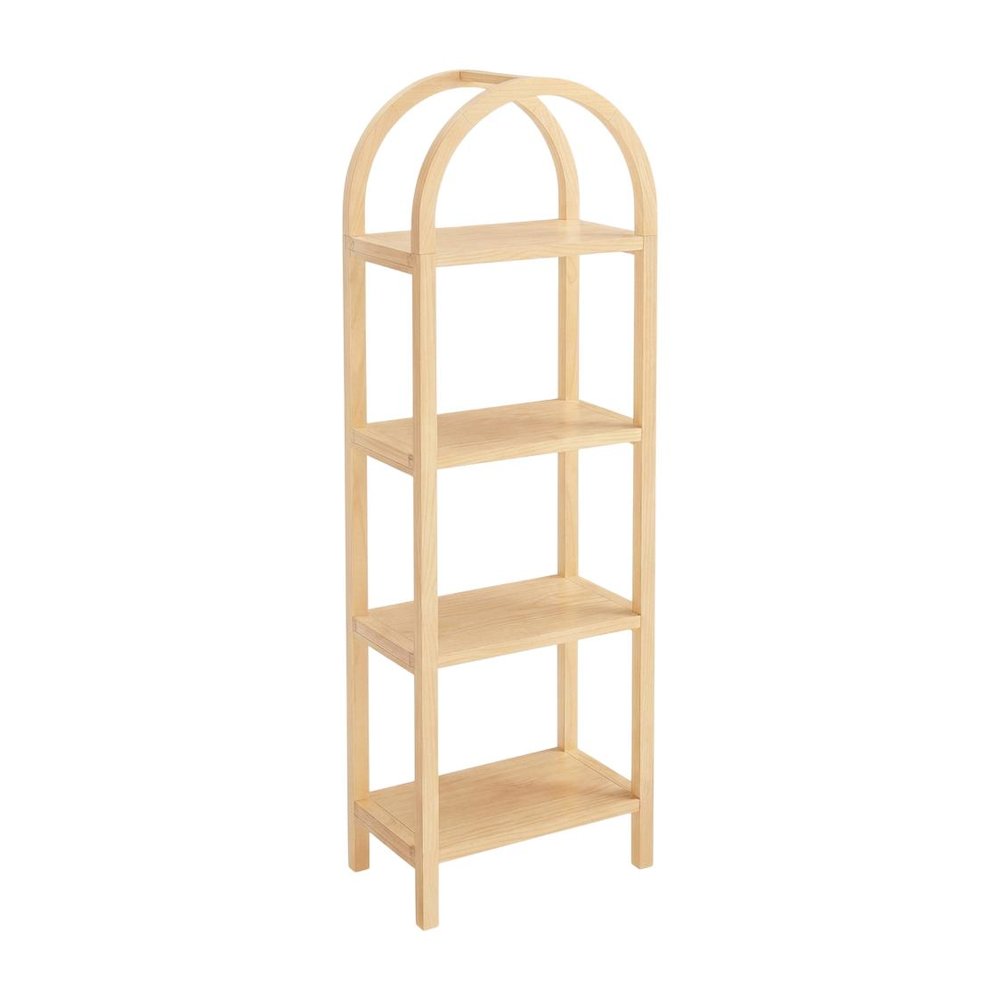 Brown engineered wood arched bookshelf with storage shelves and narrow design. Picture 1