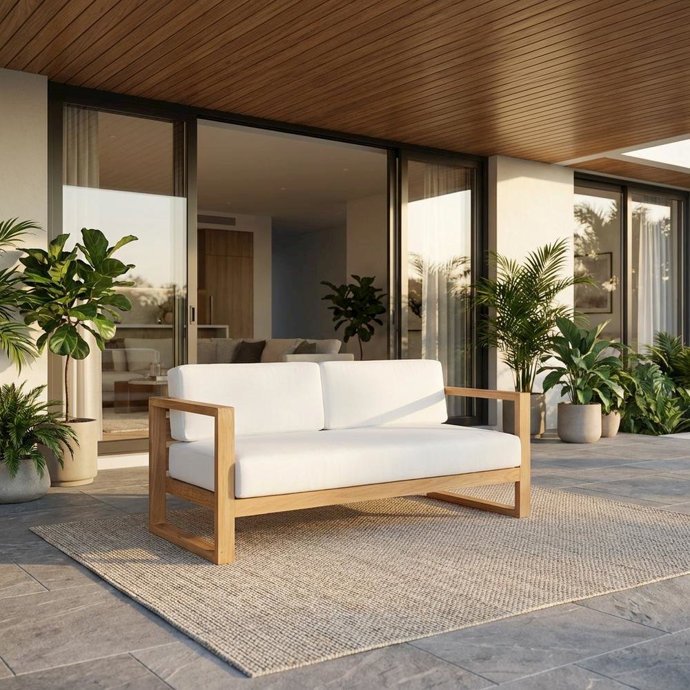 Outdoor Teak Patio Sofa With Cushioned Seating And Armrest Support. Picture 2