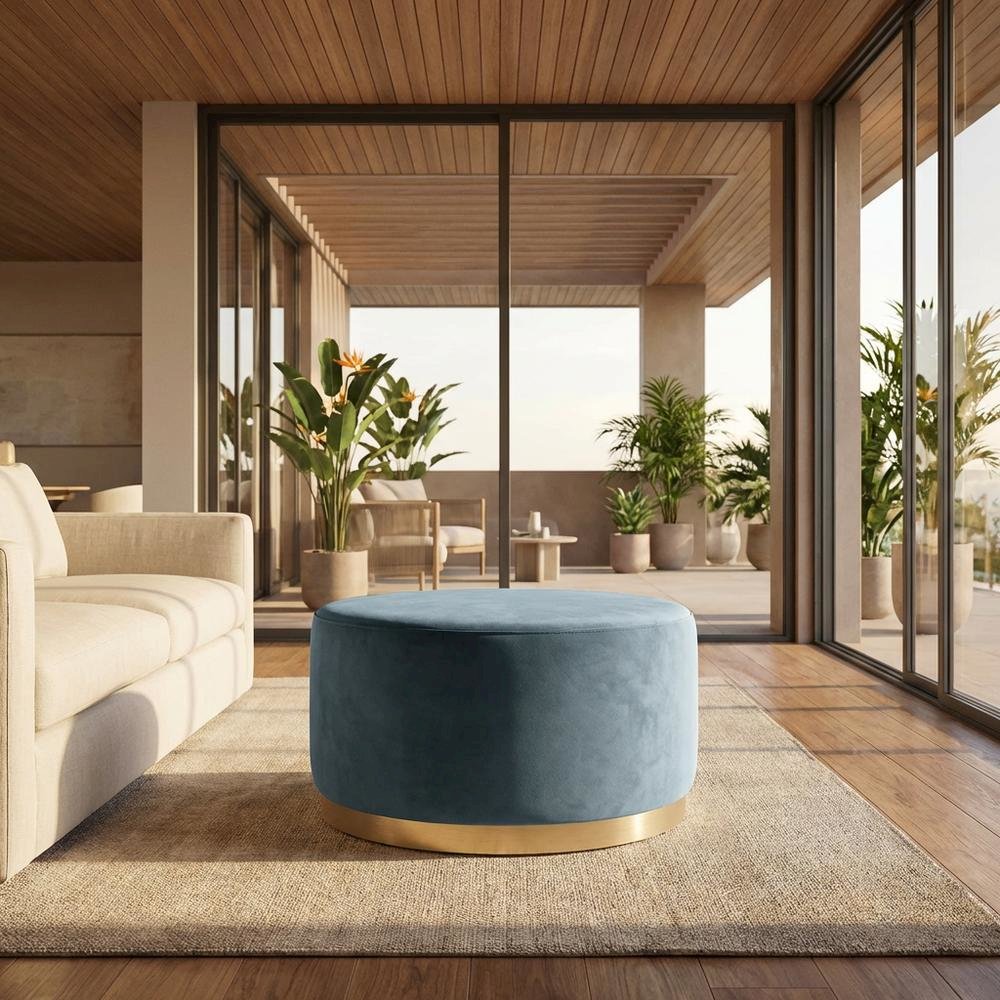 Velvet Upholstered Ottoman with Performance Finish for Outdoor Use. Picture 2