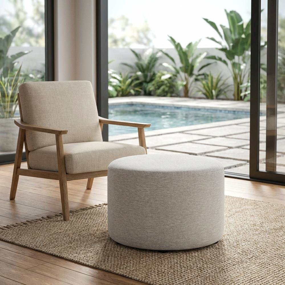 Round Heathered Fabric Upholstered Ottoman, neutral tones, comfortable seating. Picture 3