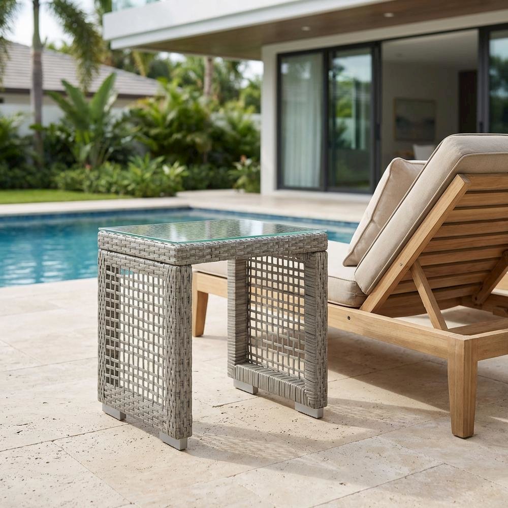 Wicker Rattan Outdoor Side Table in Neutral Finish with Weather-Resistant Design. Picture 3