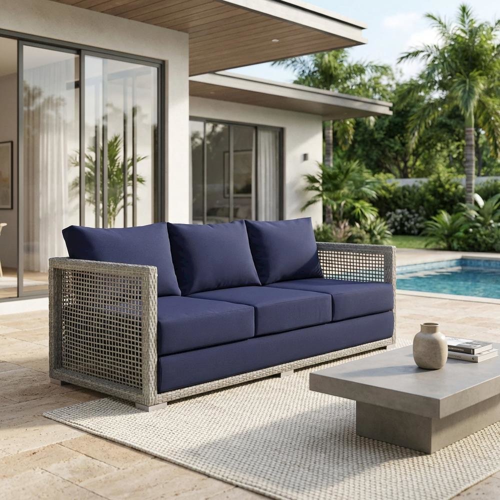 Modern Outdoor Sofa With Armrests, Weather-Resistant Fabric, And Plush Cushions. Picture 3