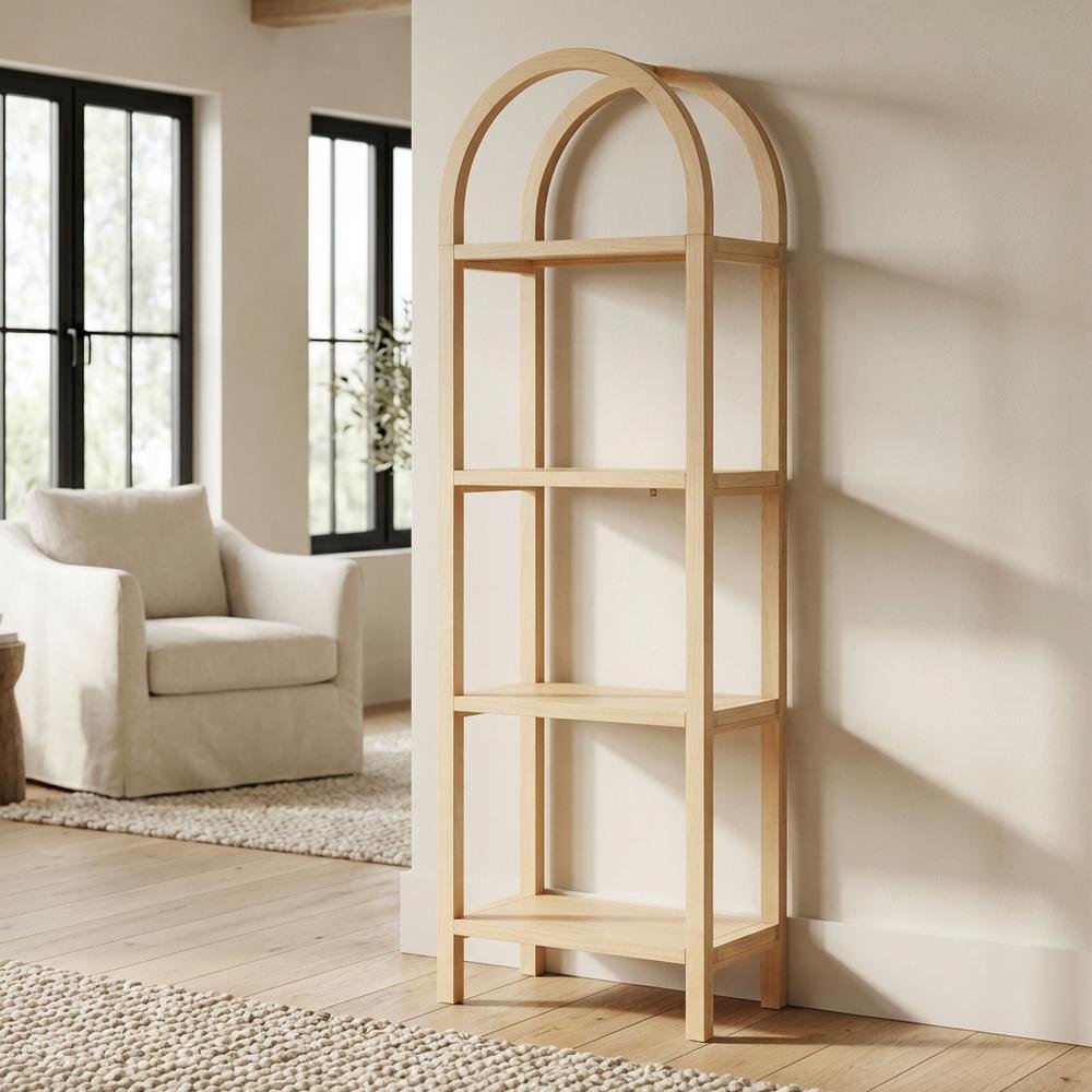 Brown engineered wood arched bookshelf with storage shelves and narrow design. Picture 3
