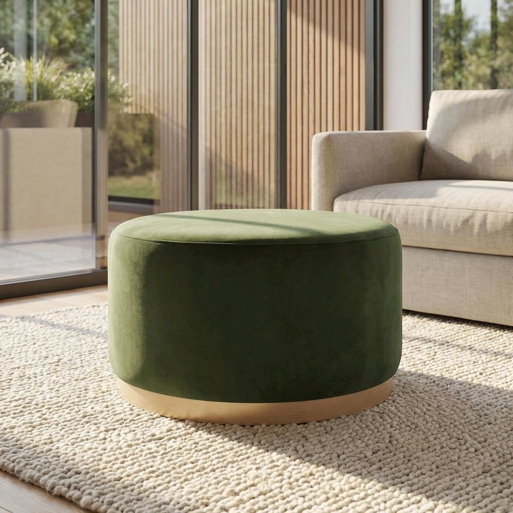Performance velvet round ottoman with plush upholstery and modern design. Picture 2