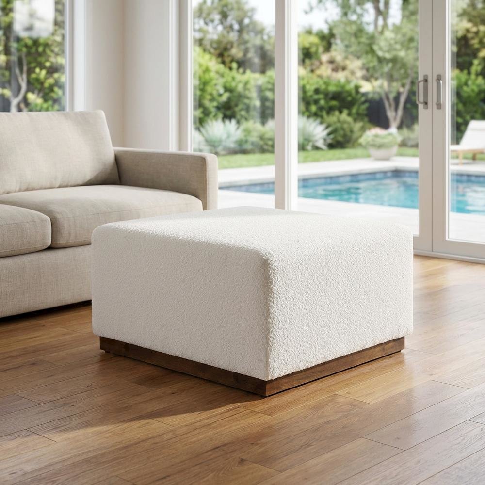 Square Boucle Upholstered Ottoman With Cushioned Top For Outdoor Lounge. Picture 3