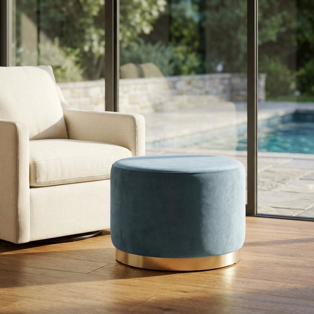 Round performance velvet ottoman with plush upholstery and versatile design. Picture 3