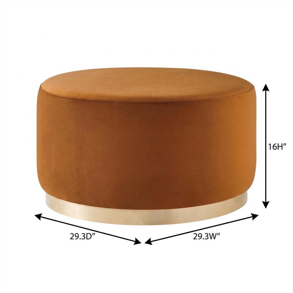 Performance velvet outdoor ottoman with round design and cushioned top. Picture 7