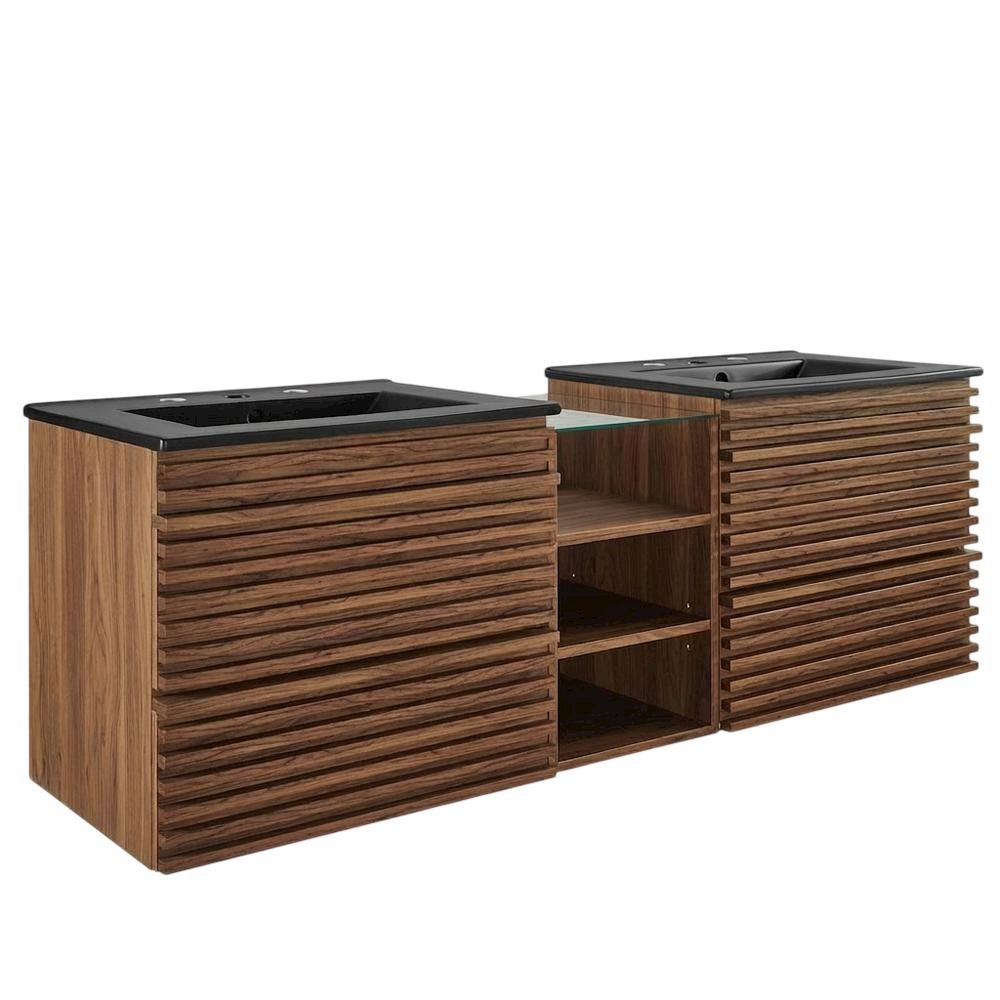Walnut Black 62-Inch Wall-Mount Double Sink Bathroom Vanity. Picture 1