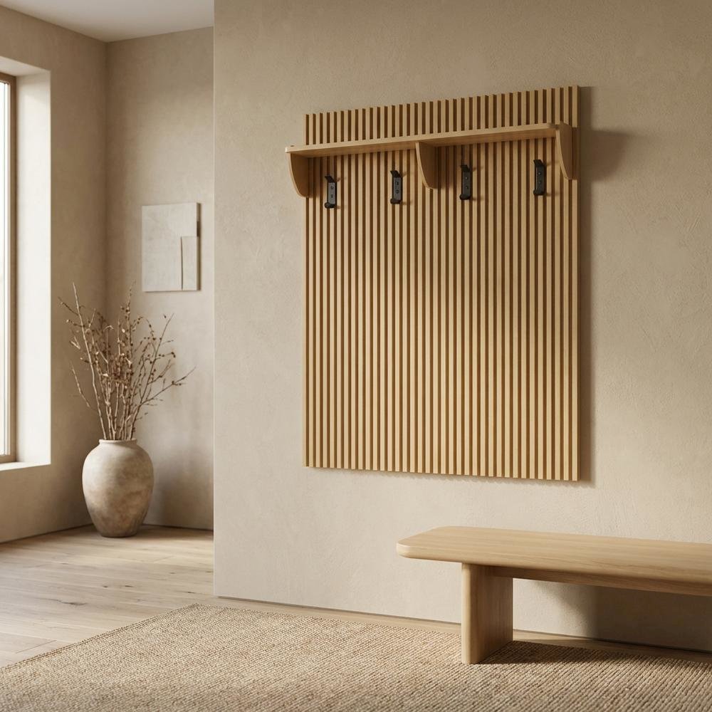 Brown Fluted Coat Rack Panel, Upper Shelf, Modern Entryway Hooks. Picture 2