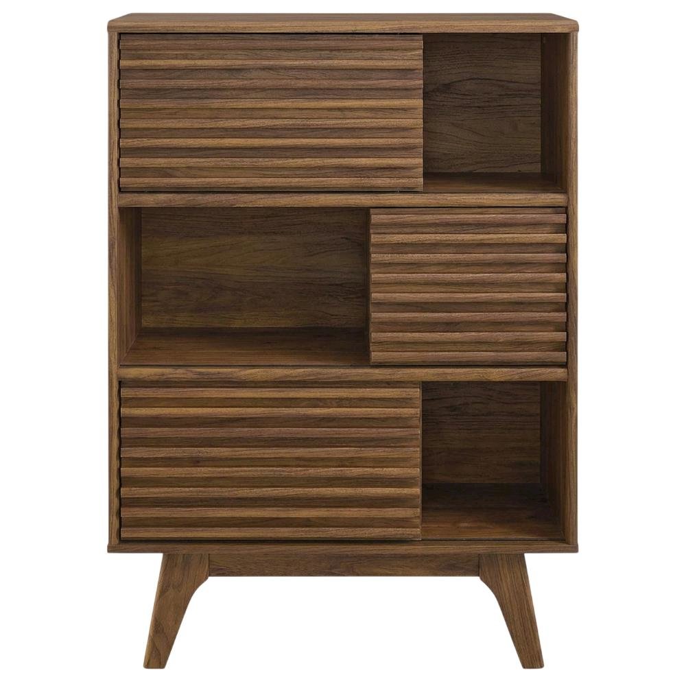 Mid-Century Modern Three-Tier Display Cabinet with Bookshelf Storage, Walnut. Picture 1