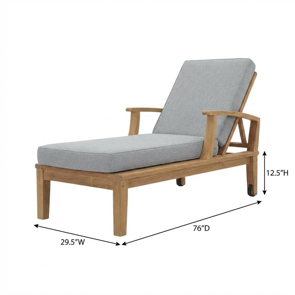Outdoor Patio Teak Single Chaise With Cushioned Seat And Armrests. Picture 7