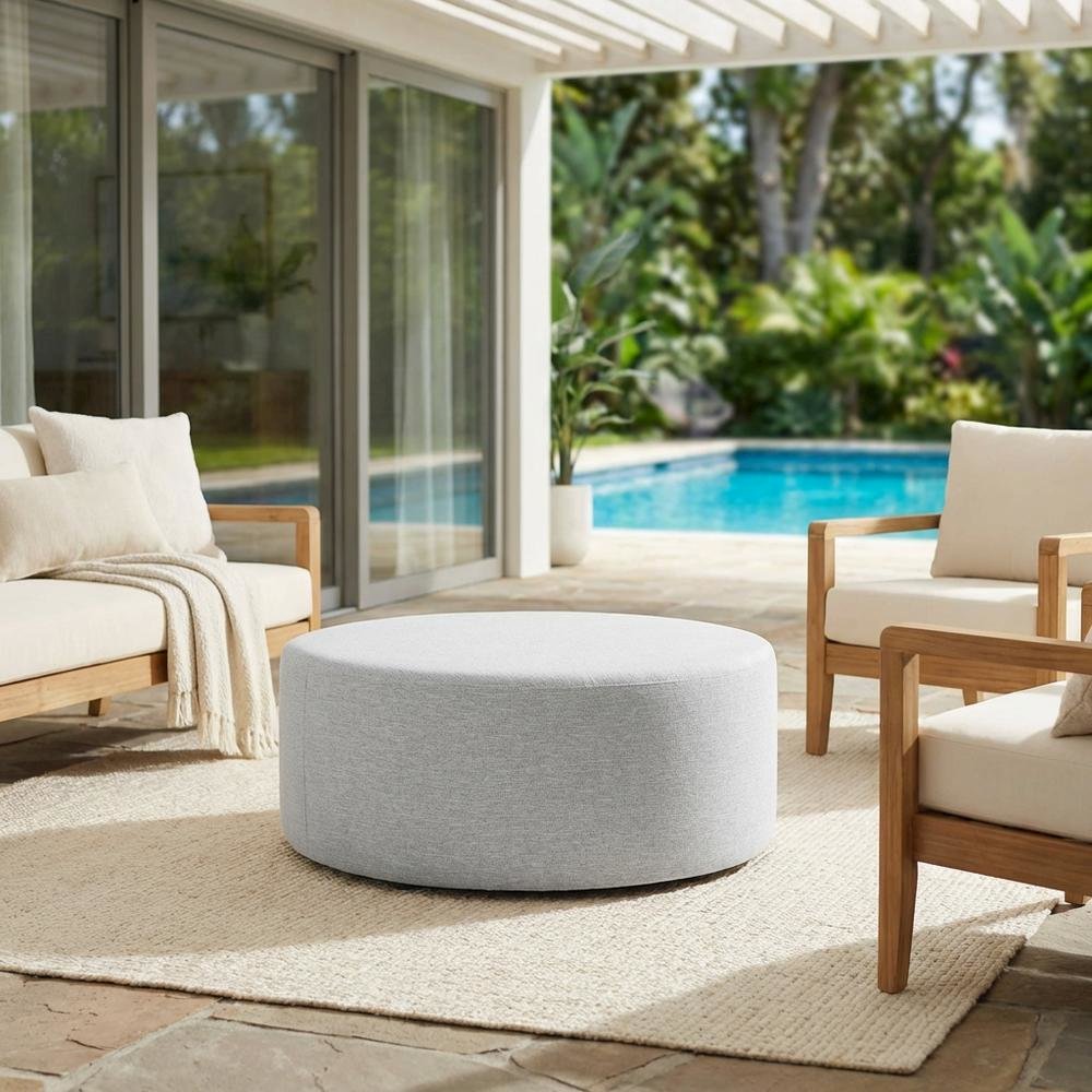 Woven Heathered Fabric Outdoor Ottoman In Neutral Tone For Patio Comfort. Picture 3