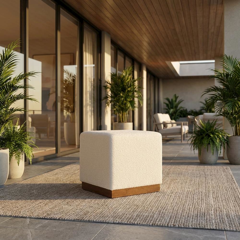 Square Boucle Upholstered Ottoman, Neutral Tone, Versatile Seating, Footrest. Picture 2