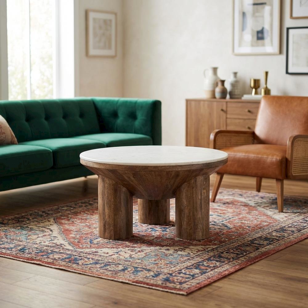 Wood Coffee Table with Marble Top, 33-Inch Round, Modern Design. Picture 2