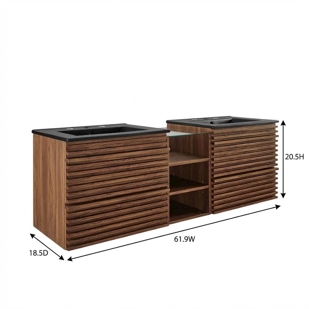 Walnut Black 62-Inch Wall-Mount Double Sink Bathroom Vanity. Picture 7